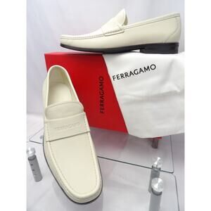 NIB FERRAGAMO DUPONT OFF WHITE LEATHER LOGO PENNY LOAFERS 12 EE ITALY